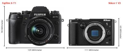 Größenvergleich: Fujifilm X-T1 vs. Nikon 1 V3 Größenvergleich: Fujifilm X-T1 vs. Nikon 1 V3