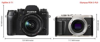 Größenvergleich: Fujifilm X-T1 vs. OM System PEN E-PL9 Größenvergleich: Fujifilm X-T1 vs. OM System PEN E-PL9