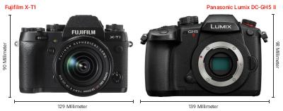 Größenvergleich: Fujifilm X-T1 vs. Panasonic Lumix DC-GH5 II Größenvergleich: Fujifilm X-T1 vs. Panasonic Lumix DC-GH5 II