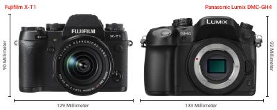 Größenvergleich: Fujifilm X-T1 vs. Panasonic Lumix DMC-GH4 Größenvergleich: Fujifilm X-T1 vs. Panasonic Lumix DMC-GH4