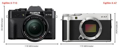 Größenvergleich: Fujifilm X-T10 vs. Fujifilm X-A7 Größenvergleich: Fujifilm X-T10 vs. Fujifilm X-A7