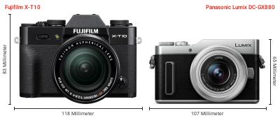 Größenvergleich: Fujifilm X-T10 vs. Panasonic Lumix DC-GX880 Größenvergleich: Fujifilm X-T10 vs. Panasonic Lumix DC-GX880