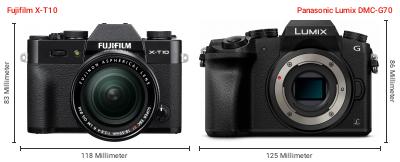 Größenvergleich: Fujifilm X-T10 vs. Panasonic Lumix DMC-G70 Größenvergleich: Fujifilm X-T10 vs. Panasonic Lumix DMC-G70