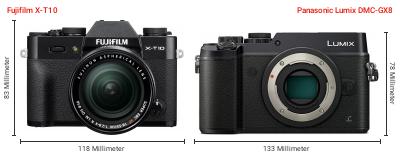 Größenvergleich: Fujifilm X-T10 vs. Panasonic Lumix DMC-GX8 Größenvergleich: Fujifilm X-T10 vs. Panasonic Lumix DMC-GX8