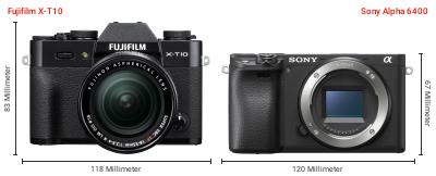 Größenvergleich: Fujifilm X-T10 vs. Sony Alpha 6400 Größenvergleich: Fujifilm X-T10 vs. Sony Alpha 6400