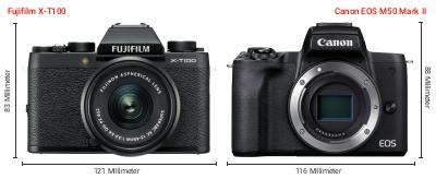 Größenvergleich: Fujifilm X-T100 vs. Canon EOS M50 Mark II Größenvergleich: Fujifilm X-T100 vs. Canon EOS M50 Mark II