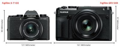 Größenvergleich: Fujifilm X-T100 vs. Fujifilm GFX 50R Größenvergleich: Fujifilm X-T100 vs. Fujifilm GFX 50R