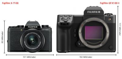 Größenvergleich: Fujifilm X-T100 vs. Fujifilm GFX100 II Größenvergleich: Fujifilm X-T100 vs. Fujifilm GFX100 II