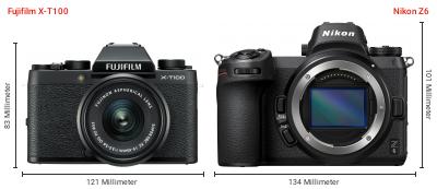 Größenvergleich: Fujifilm X-T100 vs. Nikon Z6 Größenvergleich: Fujifilm X-T100 vs. Nikon Z6