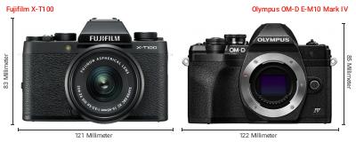 Größenvergleich: Fujifilm X-T100 vs. OM System OM-D E-M10 Mark IV Größenvergleich: Fujifilm X-T100 vs. OM System OM-D E-M10 Mark IV