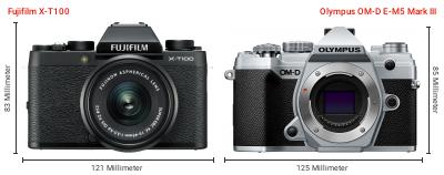 Größenvergleich: Fujifilm X-T100 vs. OM System OM-D E-M5 Mark III Größenvergleich: Fujifilm X-T100 vs. OM System OM-D E-M5 Mark III