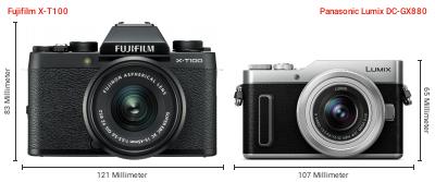 Größenvergleich: Fujifilm X-T100 vs. Panasonic Lumix DC-GX880 Größenvergleich: Fujifilm X-T100 vs. Panasonic Lumix DC-GX880