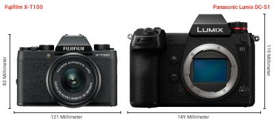 Größenvergleich: Fujifilm X-T100 vs. Panasonic Lumix DC-S1 Größenvergleich: Fujifilm X-T100 vs. Panasonic Lumix DC-S1