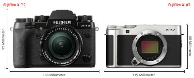 Größenvergleich: Fujifilm X-T2 vs. Fujifilm X-A7 Größenvergleich: Fujifilm X-T2 vs. Fujifilm X-A7