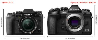 Größenvergleich: Fujifilm X-T2 vs. OM System OM-D E-M1 Mark III Größenvergleich: Fujifilm X-T2 vs. OM System OM-D E-M1 Mark III