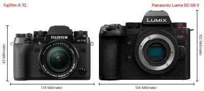 Größenvergleich: Fujifilm X-T2 vs. Panasonic Lumix DC-G9 II Größenvergleich: Fujifilm X-T2 vs. Panasonic Lumix DC-G9 II