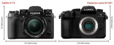 Größenvergleich: Fujifilm X-T2 vs. Panasonic Lumix DC-G91 Größenvergleich: Fujifilm X-T2 vs. Panasonic Lumix DC-G91