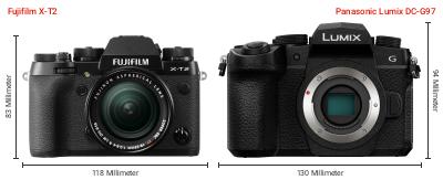 Größenvergleich: Fujifilm X-T2 vs. Panasonic Lumix DC-G97 Größenvergleich: Fujifilm X-T2 vs. Panasonic Lumix DC-G97
