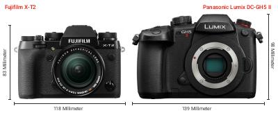 Größenvergleich: Fujifilm X-T2 vs. Panasonic Lumix DC-GH5 II Größenvergleich: Fujifilm X-T2 vs. Panasonic Lumix DC-GH5 II