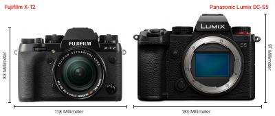 Größenvergleich: Fujifilm X-T2 vs. Panasonic Lumix DC-S5 Größenvergleich: Fujifilm X-T2 vs. Panasonic Lumix DC-S5