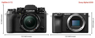 Größenvergleich: Fujifilm X-T2 vs. Sony Alpha 6500 Größenvergleich: Fujifilm X-T2 vs. Sony Alpha 6500