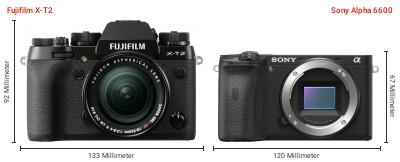 Größenvergleich: Fujifilm X-T2 vs. Sony Alpha 6600 Größenvergleich: Fujifilm X-T2 vs. Sony Alpha 6600