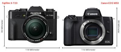 Größenvergleich: Fujifilm X-T20 vs. Canon EOS M50 Größenvergleich: Fujifilm X-T20 vs. Canon EOS M50