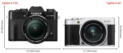 Größenvergleich: Fujifilm X-T20 vs. Fujifilm X-A5 Größenvergleich: Fujifilm X-T20 vs. Fujifilm X-A5