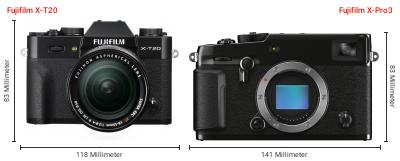 Größenvergleich: Fujifilm X-T20 vs. Fujifilm X-Pro3 Größenvergleich: Fujifilm X-T20 vs. Fujifilm X-Pro3
