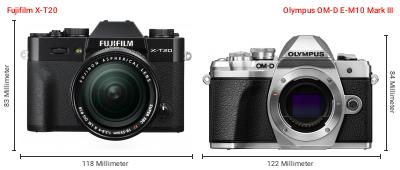 Größenvergleich: Fujifilm X-T20 vs. OM System OM-D E-M10 Mark III Größenvergleich: Fujifilm X-T20 vs. OM System OM-D E-M10 Mark III
