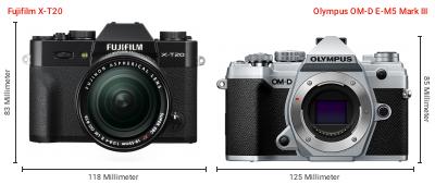 Größenvergleich: Fujifilm X-T20 vs. OM System OM-D E-M5 Mark III Größenvergleich: Fujifilm X-T20 vs. OM System OM-D E-M5 Mark III
