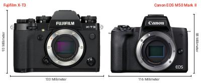 Größenvergleich: Fujifilm X-T3 vs. Canon EOS M50 Mark II Größenvergleich: Fujifilm X-T3 vs. Canon EOS M50 Mark II