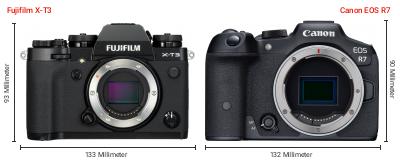 Größenvergleich: Fujifilm X-T3 vs. Canon EOS R7 Größenvergleich: Fujifilm X-T3 vs. Canon EOS R7