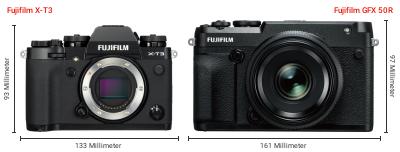 Größenvergleich: Fujifilm X-T3 vs. Fujifilm GFX 50R Größenvergleich: Fujifilm X-T3 vs. Fujifilm GFX 50R