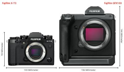 Größenvergleich: Fujifilm X-T3 vs. Fujifilm GFX100 Größenvergleich: Fujifilm X-T3 vs. Fujifilm GFX100