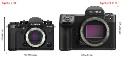 Größenvergleich: Fujifilm X-T3 vs. Fujifilm GFX100 II Größenvergleich: Fujifilm X-T3 vs. Fujifilm GFX100 II