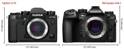 Größenvergleich: Fujifilm X-T3 vs. OM System OM-1 Größenvergleich: Fujifilm X-T3 vs. OM System OM-1