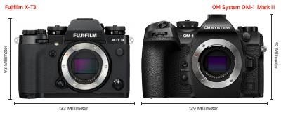 Größenvergleich: Fujifilm X-T3 vs. OM System OM-1 Mark II Größenvergleich: Fujifilm X-T3 vs. OM System OM-1 Mark II