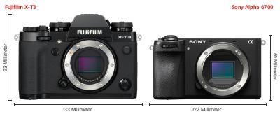 Größenvergleich: Fujifilm X-T3 vs. Sony Alpha 6700 Größenvergleich: Fujifilm X-T3 vs. Sony Alpha 6700