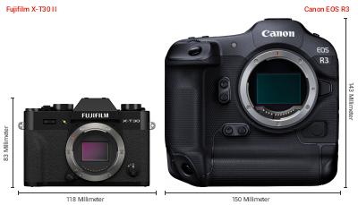 Größenvergleich: Fujifilm X-T30 II vs. Canon EOS R3 Größenvergleich: Fujifilm X-T30 II vs. Canon EOS R3