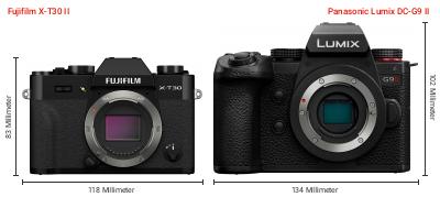 Größenvergleich: Fujifilm X-T30 II vs. Panasonic Lumix DC-G9 II Größenvergleich: Fujifilm X-T30 II vs. Panasonic Lumix DC-G9 II
