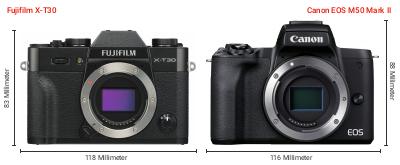 Größenvergleich: Fujifilm X-T30 vs. Canon EOS M50 Mark II Größenvergleich: Fujifilm X-T30 vs. Canon EOS M50 Mark II