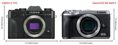 Größenvergleich: Fujifilm X-T30 vs. Canon EOS M6 Mark II Größenvergleich: Fujifilm X-T30 vs. Canon EOS M6 Mark II