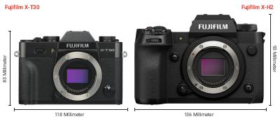 Größenvergleich: Fujifilm X-T30 vs. Fujifilm X-H2 Größenvergleich: Fujifilm X-T30 vs. Fujifilm X-H2