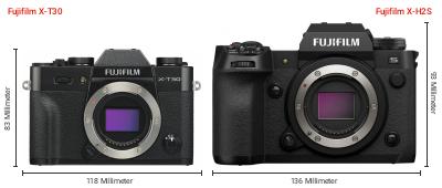 Größenvergleich: Fujifilm X-T30 vs. Fujifilm X-H2S Größenvergleich: Fujifilm X-T30 vs. Fujifilm X-H2S