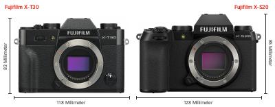 Größenvergleich: Fujifilm X-T30 vs. Fujifilm X-S20 Größenvergleich: Fujifilm X-T30 vs. Fujifilm X-S20