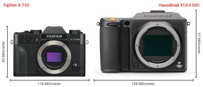 Größenvergleich: Fujifilm X-T30 vs. Hasselblad X1D II 50C Größenvergleich: Fujifilm X-T30 vs. Hasselblad X1D II 50C