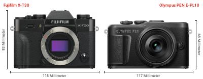 Größenvergleich: Fujifilm X-T30 vs. OM System PEN E-PL10 Größenvergleich: Fujifilm X-T30 vs. OM System PEN E-PL10