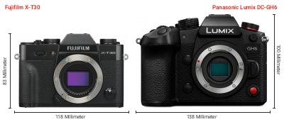 Größenvergleich: Fujifilm X-T30 vs. Panasonic Lumix DC-GH6 Größenvergleich: Fujifilm X-T30 vs. Panasonic Lumix DC-GH6