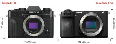 Größenvergleich: Fujifilm X-T30 vs. Sony Alpha 6700 Größenvergleich: Fujifilm X-T30 vs. Sony Alpha 6700